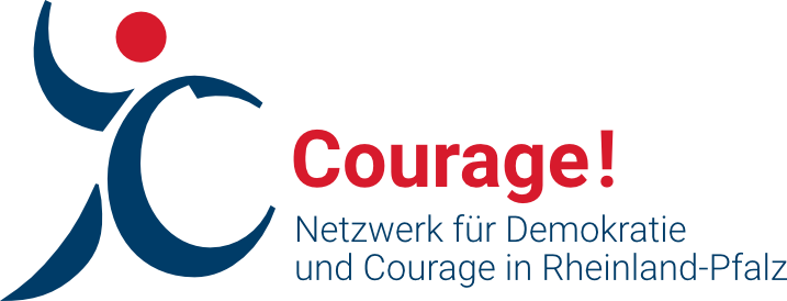 Das Bild zeigt das Logo des Netzwerkes Demokratie und Courage Rheinland-Pfalz. Es ist ein blaues Strichmännchen mit roten Kopf.