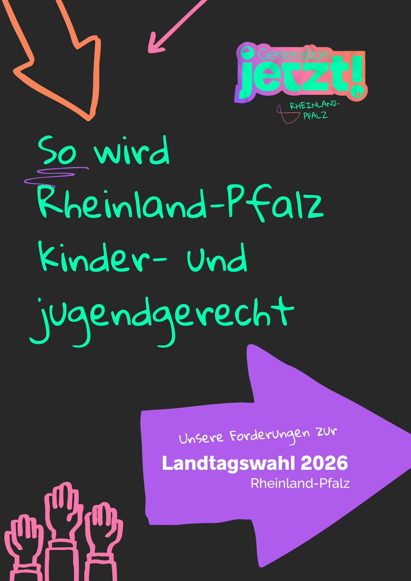 Das Bild ist ein Screenshot einer Broschüre. Die Seite zeigt das Cover. Darauf steht in grüner Schrift auf schwarzen Hintergrund 'so wird Rheinland-Pfalz Kinder- und Jugendgerecht'. Ein lila Pfeil verweist textlich auf die Landtagswahlen 2026.