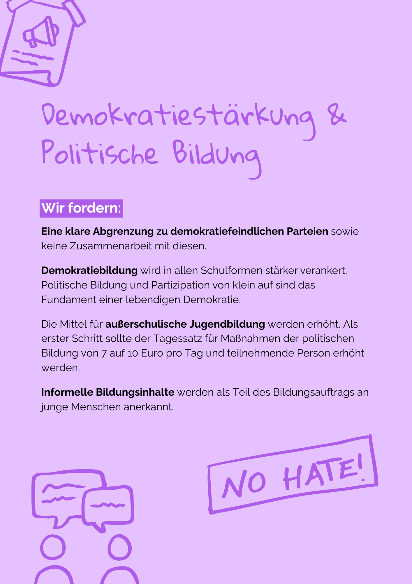 Das Bild ist ein Screenshot einer Broschüre. Die Seite ist mit Text zum Thema Demokratiestärkung und politische Bildung gefüllt.