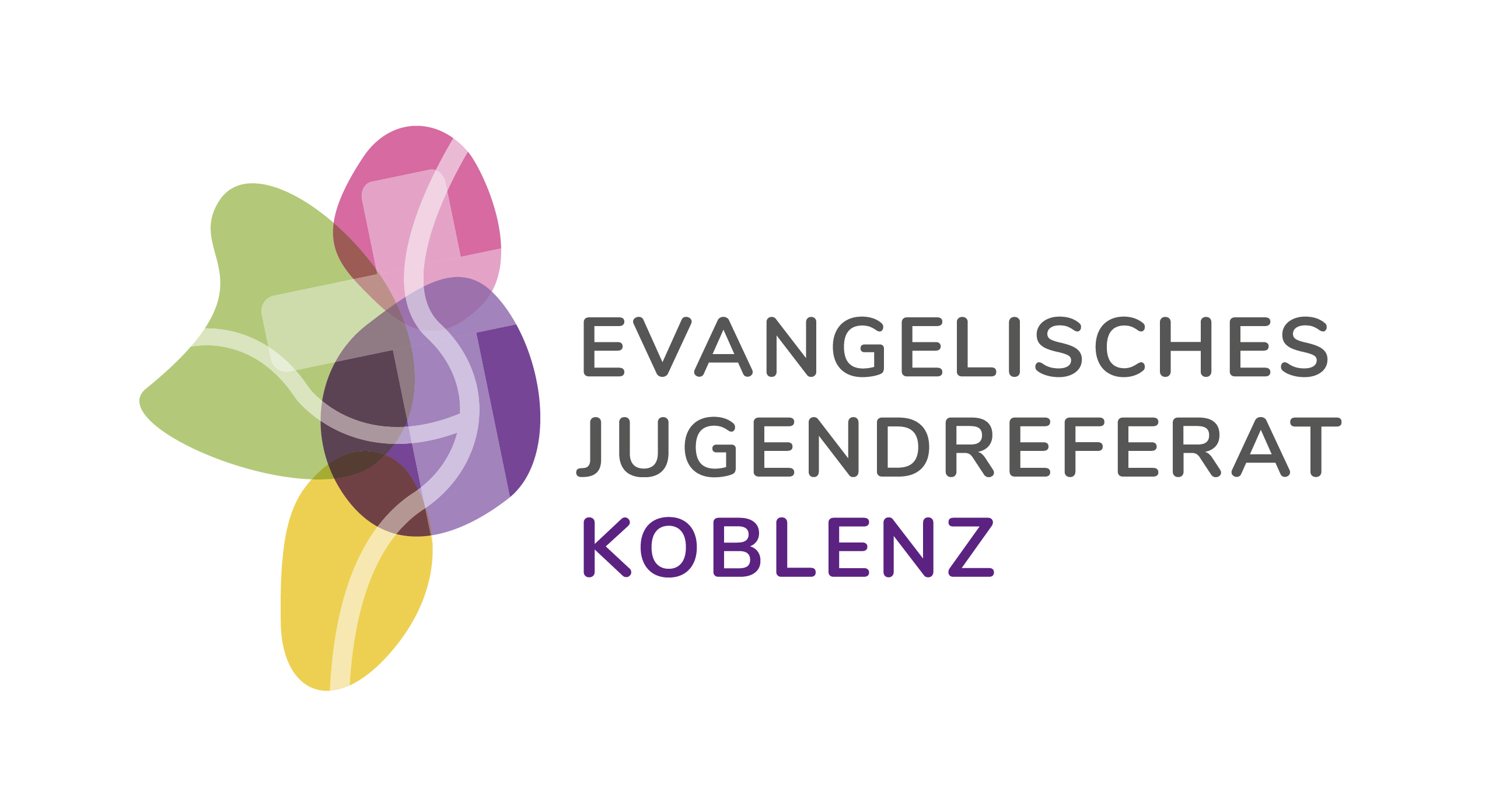 Das Bild zeigt das Logo des Ev. Jugendreferats in Koblenz. Neben einer Schrift  ist ein Kreuz in vierfarben, rosa, grün, geld und lila zu sehen.
